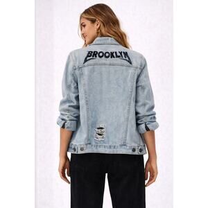 Carbon XL Distressed Denim Jacket Brooklyn Graphic Moto Zip Sleeve Light Wash